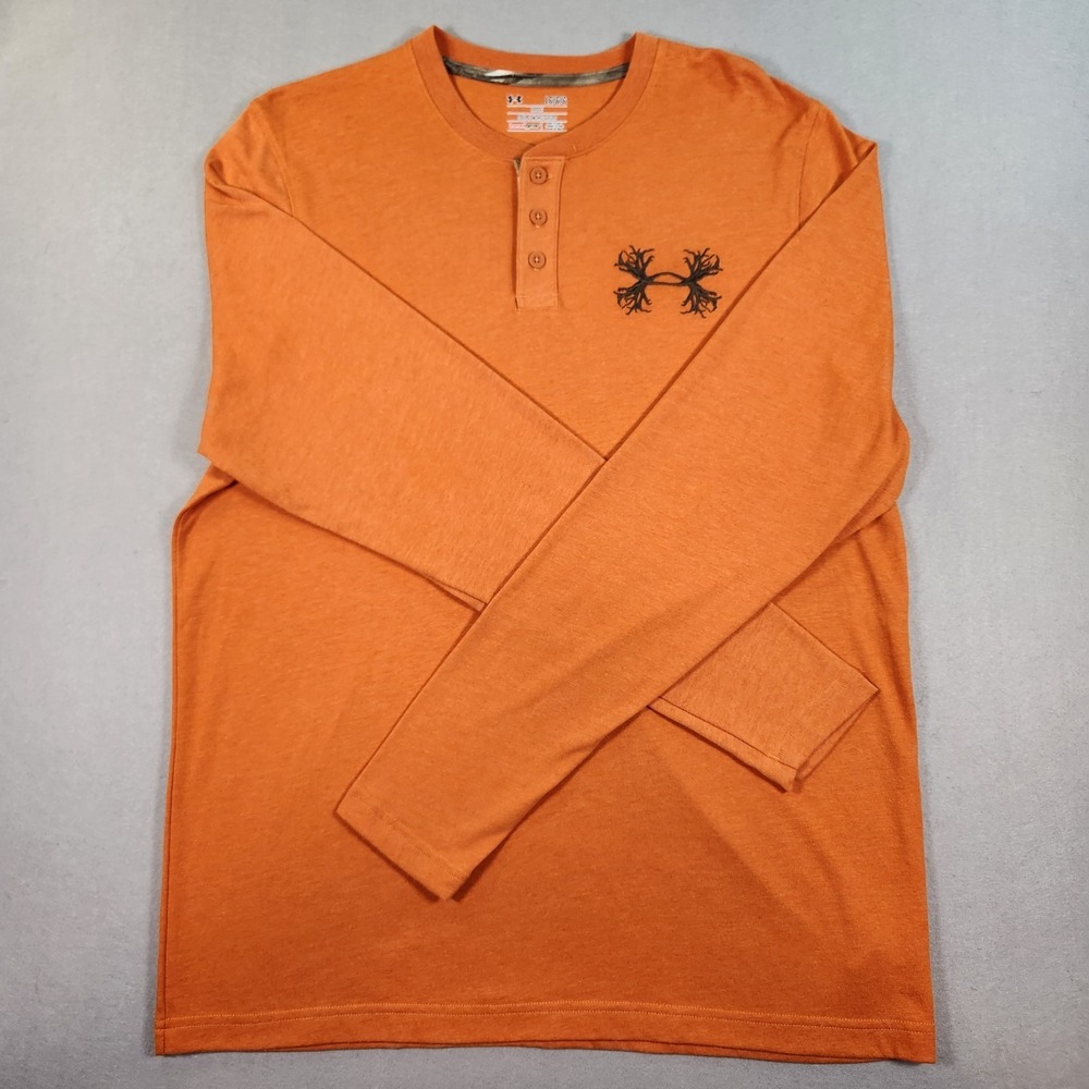 Under Armour Shirt Mens Large Orange HeatGear Henley Long Sleeve Antler Logo